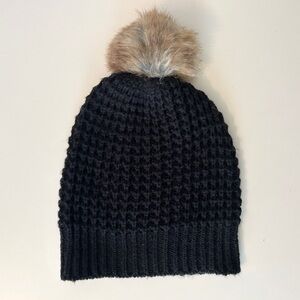 Indigo black toque with light brown faux fur fall pom pom beanie knit winter hat